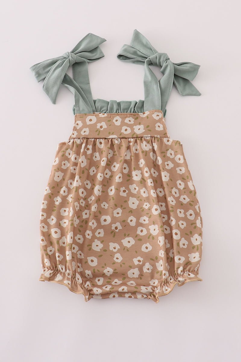 Baby Girl Floral Bow Strap Romper – Sage & Tan - Blue Marc