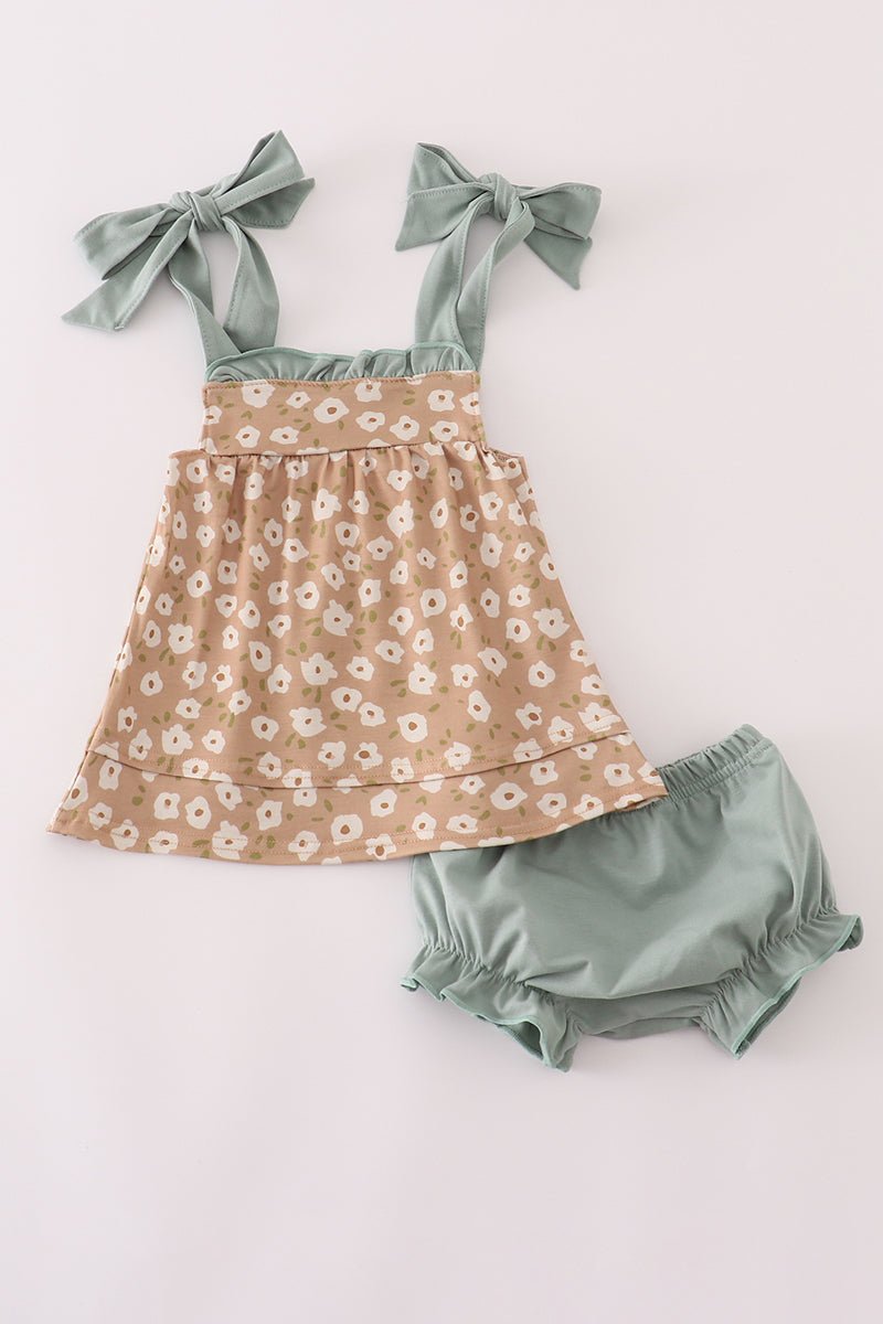 Baby Girl Floral Bow Strap Set – Sage & Tan - Blue Marc