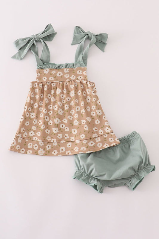 Baby Girl Floral Bow Strap Set – Sage & Tan - Blue Marc