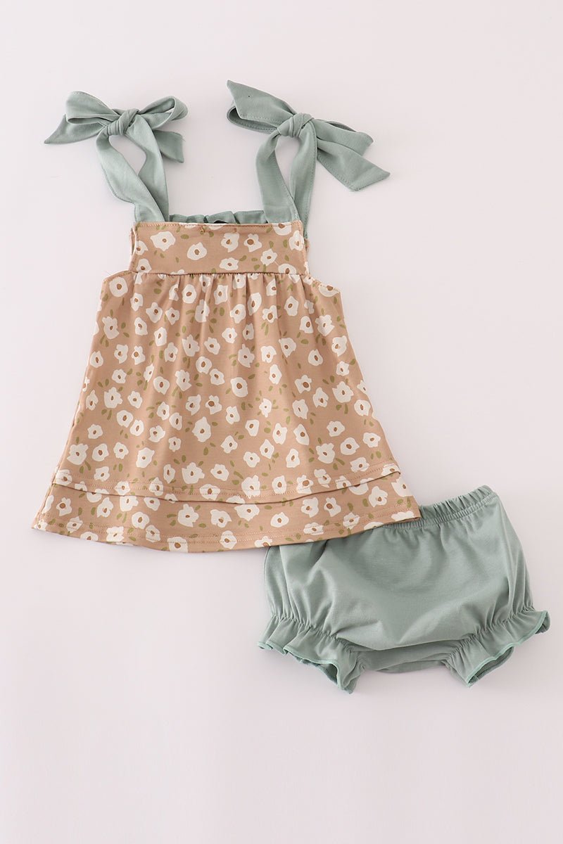 Baby Girl Floral Bow Strap Set – Sage & Tan - Blue Marc