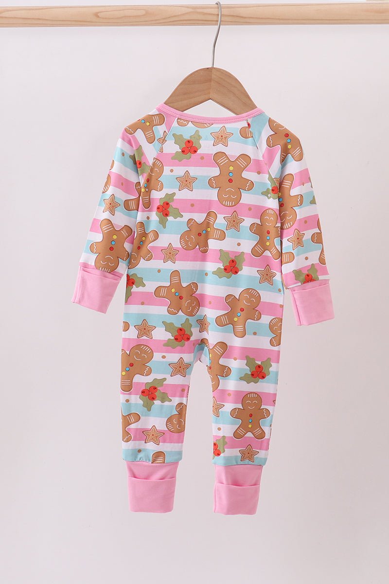 Baby Girl Gingerbread Zip Romper – Pink & Blue Holiday Pajamas - Blue Marc