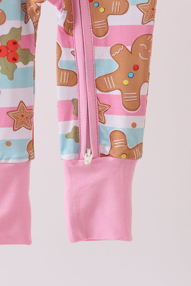 Baby Girl Gingerbread Zip Romper – Pink & Blue Holiday Pajamas - Blue Marc