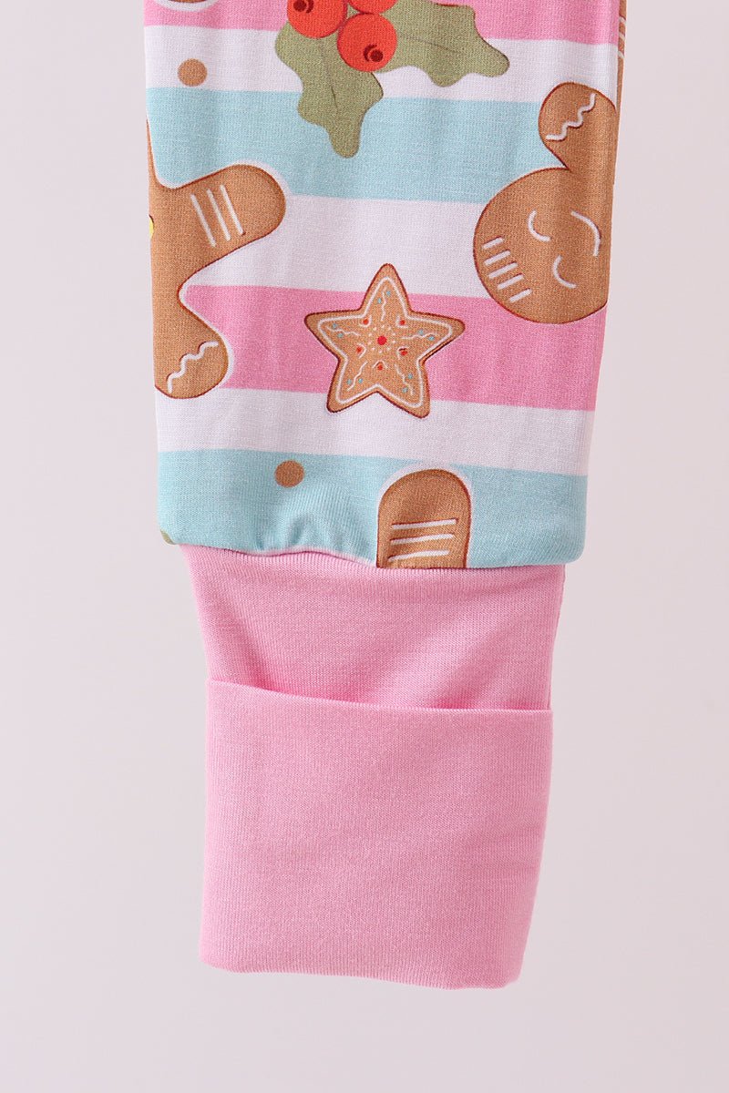 Baby Girl Gingerbread Zip Romper – Pink & Blue Holiday Pajamas - Blue Marc