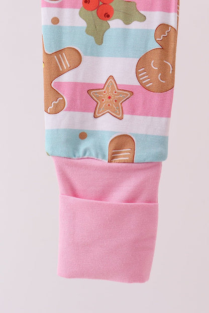 Baby Girl Gingerbread Zip Romper – Pink & Blue Holiday Pajamas - Blue Marc