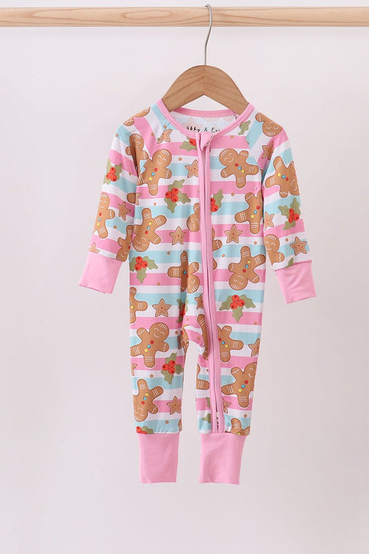 Baby Girl Gingerbread Zip Romper – Pink & Blue Holiday Pajamas - Blue Marc