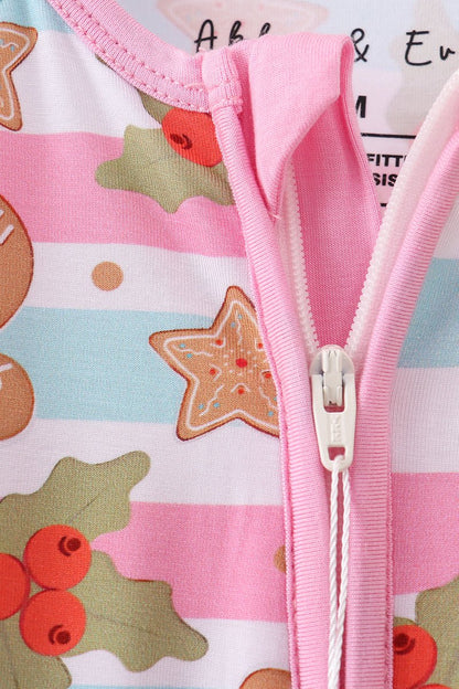 Baby Girl Gingerbread Zip Romper – Pink & Blue Holiday Pajamas - Blue Marc