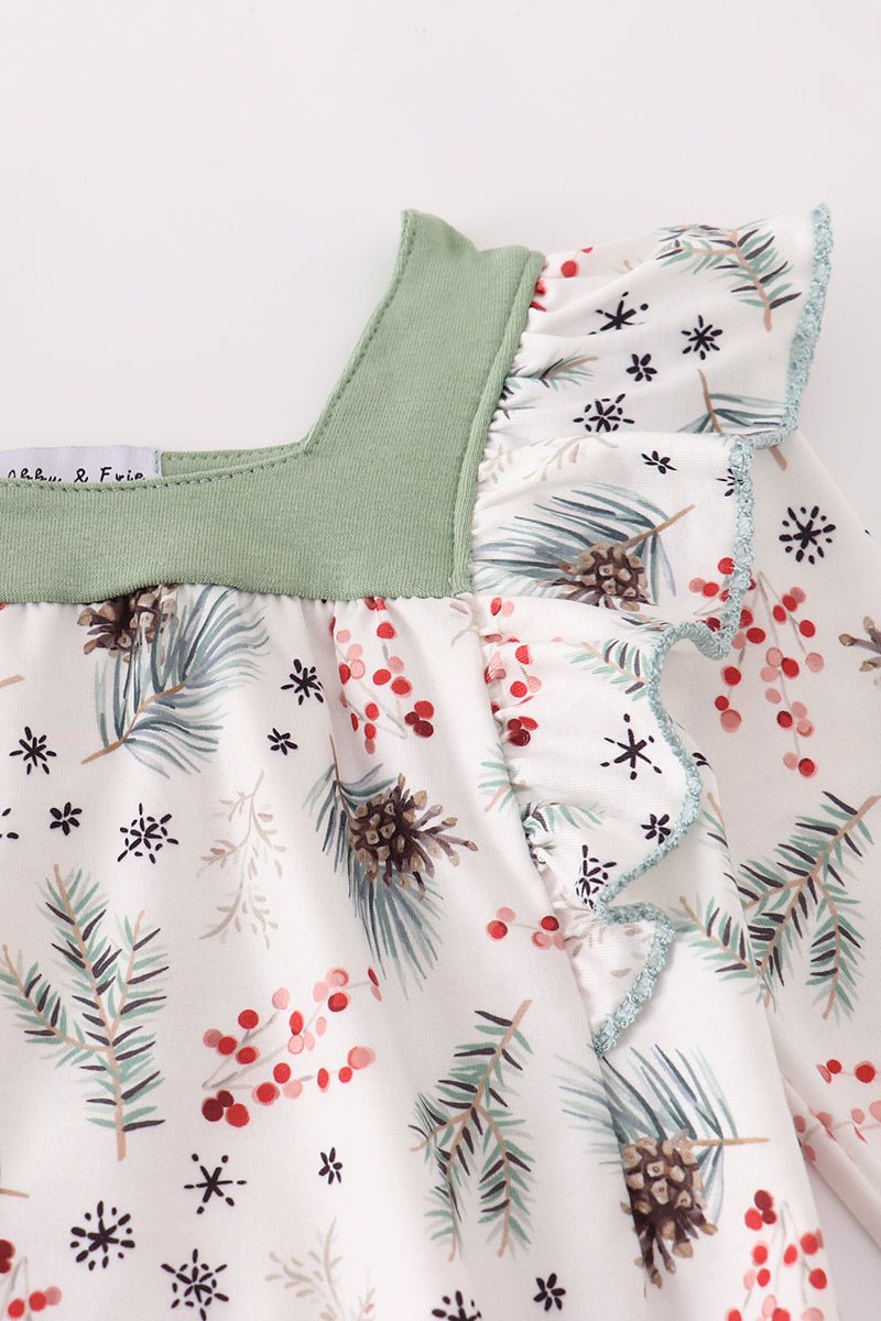 Baby Girl Holiday Floral Romper with Green Yoke - Blue Marc