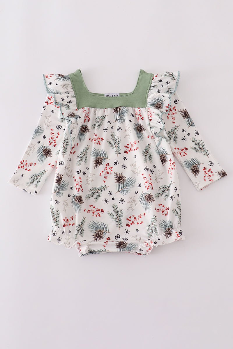 Baby Girl Holiday Floral Romper with Green Yoke - Blue Marc