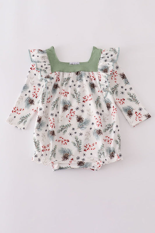 Baby Girl Holiday Floral Romper with Green Yoke - Blue Marc