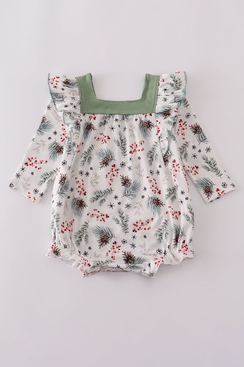 Baby Girl Holiday Floral Romper with Green Yoke - Blue Marc