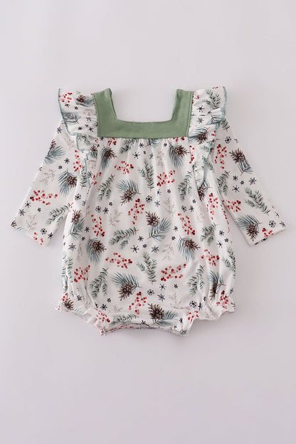 Baby Girl Holiday Floral Romper with Green Yoke - Blue Marc