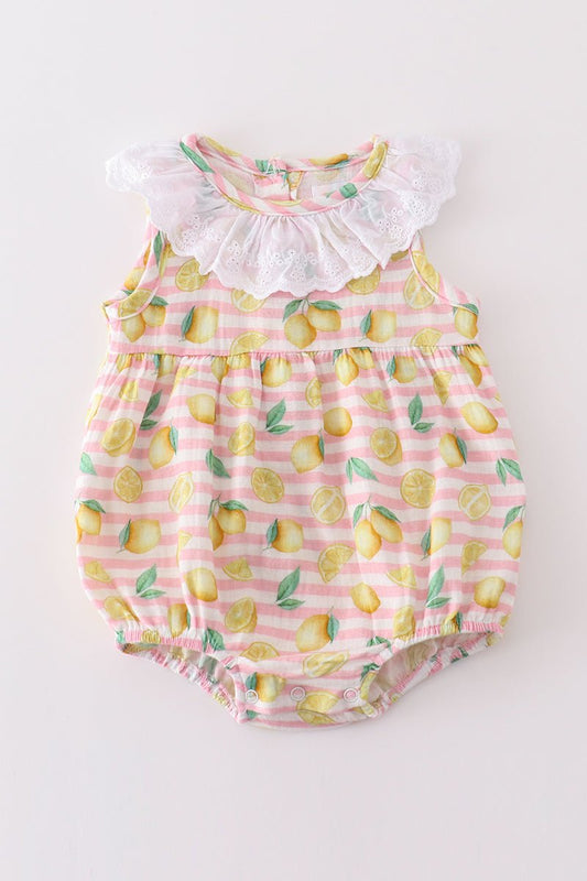 Baby Girl Lemon Striped Romper with Lace Collar – Sweet and Playful Outfit - Blue Marc