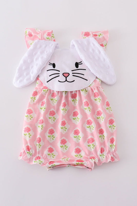 🐇 Baby Girl Pink Bunny Romper – Easter Outfit with 3D Ears & Rose Print - Blue Marc
