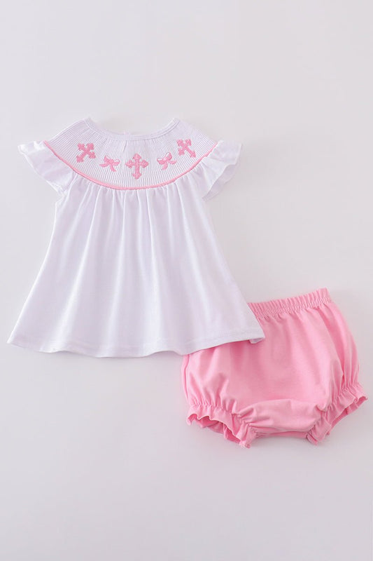 Baby Girl Pink Cross Embroidered Set – White Flutter Sleeve Top & Bloomers - Blue Marc
