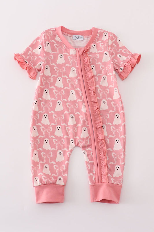 Baby Girl Pink Ghost Romper – Halloween One - Piece with Ruffles - Blue Marc