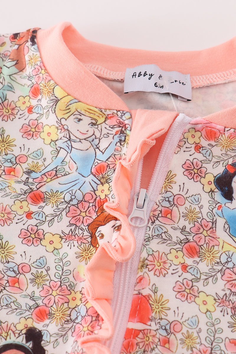 Baby Girl Princess Floral Ruffle Romper – Long Sleeve Zip - Blue Marc