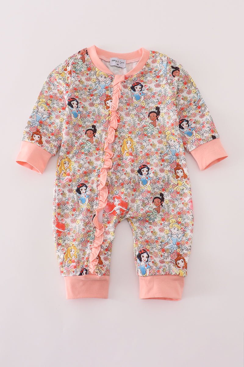 Baby Girl Princess Floral Ruffle Romper – Long Sleeve Zip - Blue Marc