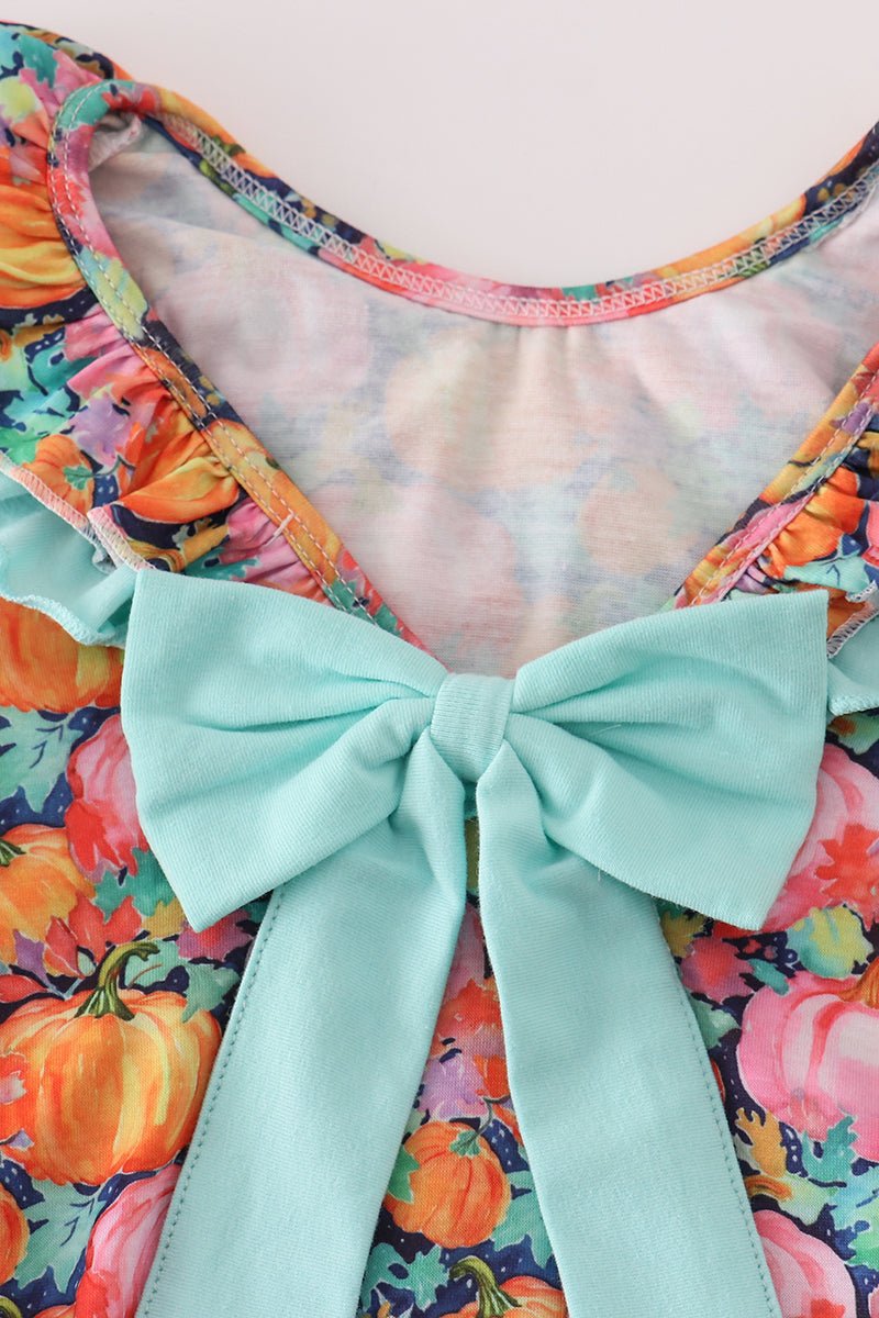 Baby Girl Pumpkin Patch Flutter Romper – Fall Ruffle Trim - Blue Marc