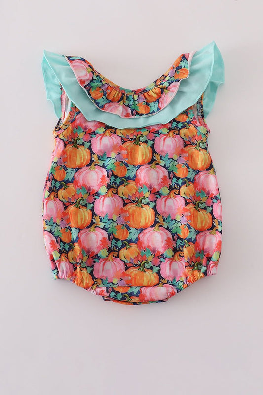 Baby Girl Pumpkin Patch Flutter Romper – Fall Ruffle Trim - Blue Marc