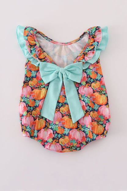 Baby Girl Pumpkin Patch Flutter Romper – Fall Ruffle Trim - Blue Marc