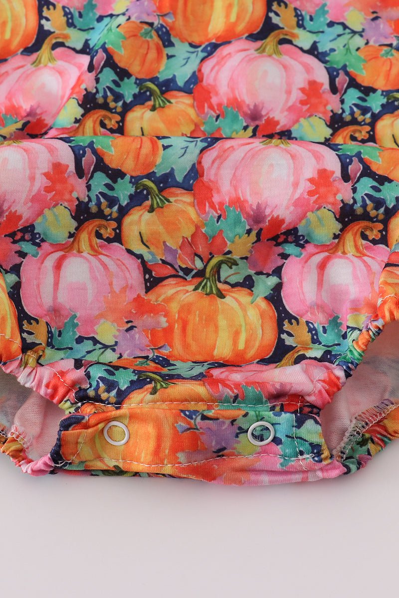 Baby Girl Pumpkin Patch Flutter Romper – Fall Ruffle Trim - Blue Marc