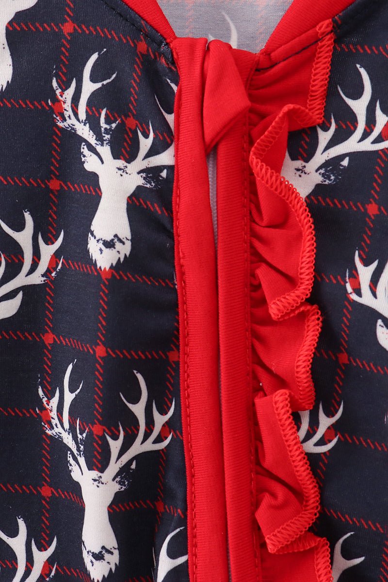 Baby Girl Reindeer Ruffle Romper – Holiday Deer Print Pajamas - Blue Marc