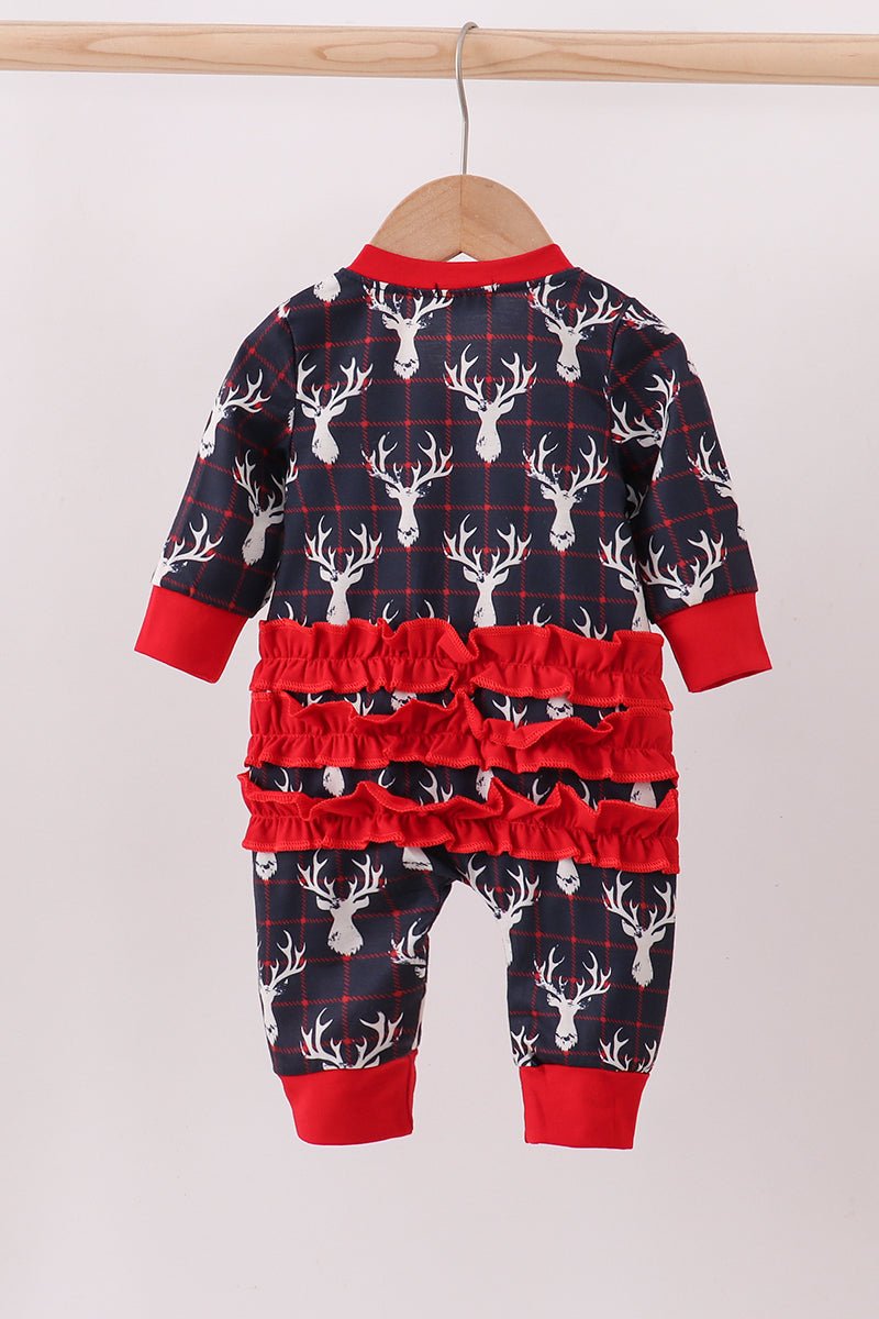 Baby Girl Reindeer Ruffle Romper – Holiday Deer Print Pajamas - Blue Marc