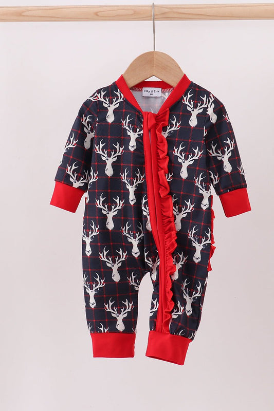 Baby Girl Reindeer Ruffle Romper – Holiday Deer Print Pajamas - Blue Marc