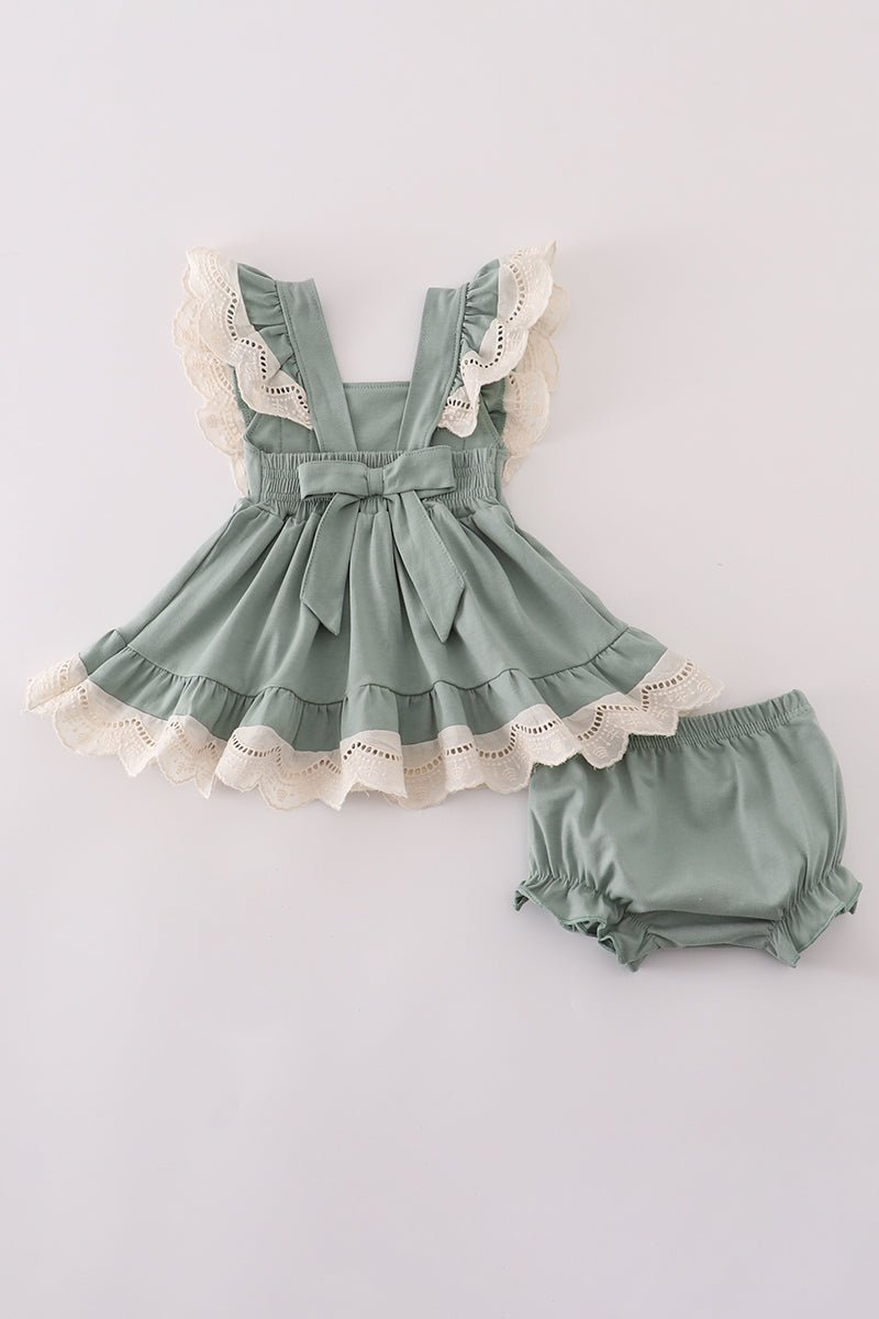 Baby Girl Sage Green Ruffle Dress Set with Bloomers - Blue Marc