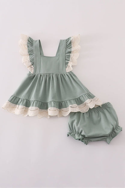 Baby Girl Sage Green Ruffle Dress Set with Bloomers - Blue Marc