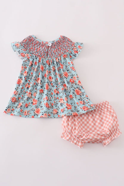 Baby Girl Smocked Floral Dress Set with Gingham Bloomers – Soft Cotton Summer Outfit - Blue Marc