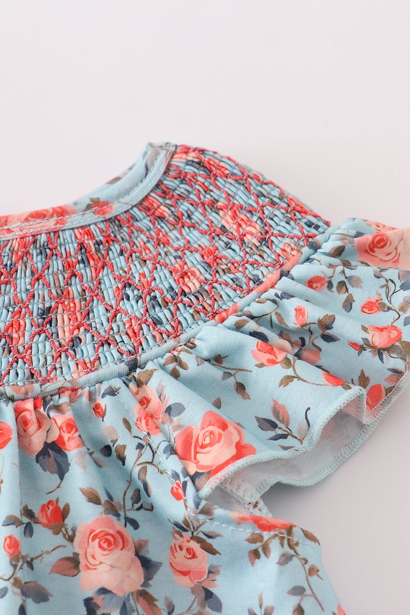 Baby Girl Smocked Floral Dress Set with Gingham Bloomers – Soft Cotton Summer Outfit - Blue Marc