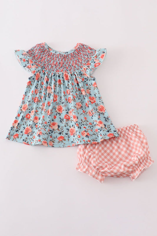 Baby Girl Smocked Floral Dress Set with Gingham Bloomers – Soft Cotton Summer Outfit - Blue Marc