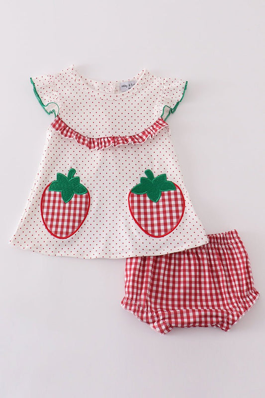 🍓 Baby Girl Strawberry Outfit – 2 - Piece Polka Dot & Gingham Set - Blue Marc