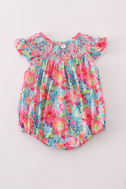 🌼 Baby Girls’ Floral Romper – Smocked Flutter Sleeve One - Piece - Blue Marc