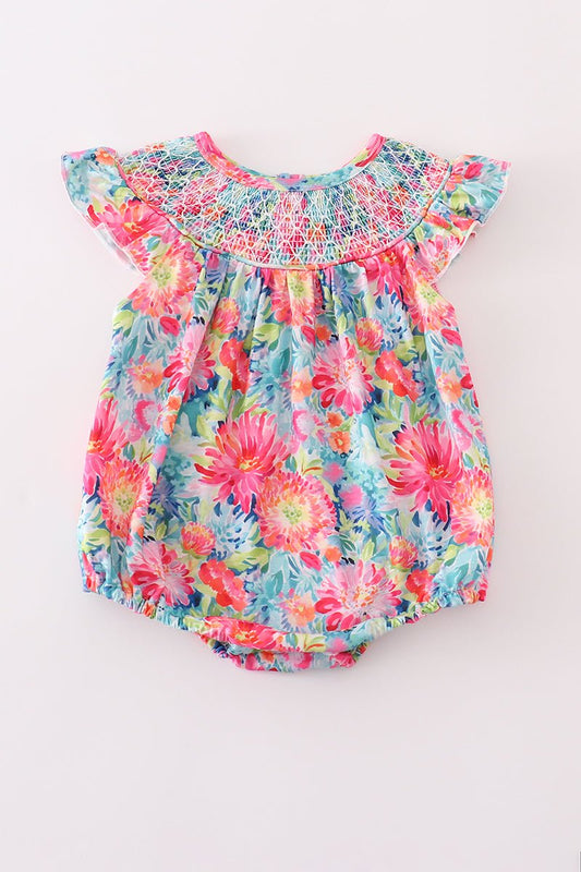 🌼 Baby Girls’ Floral Romper – Smocked Flutter Sleeve One - Piece - Blue Marc