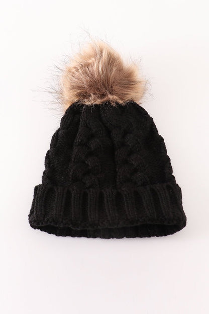 Black Cable Knit Beanies with Faux Fur Pom – Cozy and Chic for All Ages - Blue Marc