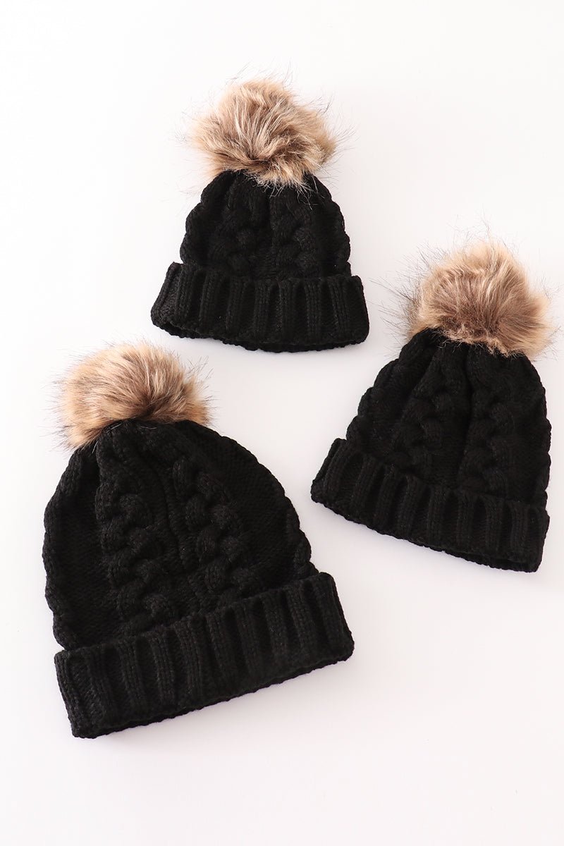 Black Cable Knit Beanies with Faux Fur Pom – Cozy and Chic for All Ages - Blue Marc