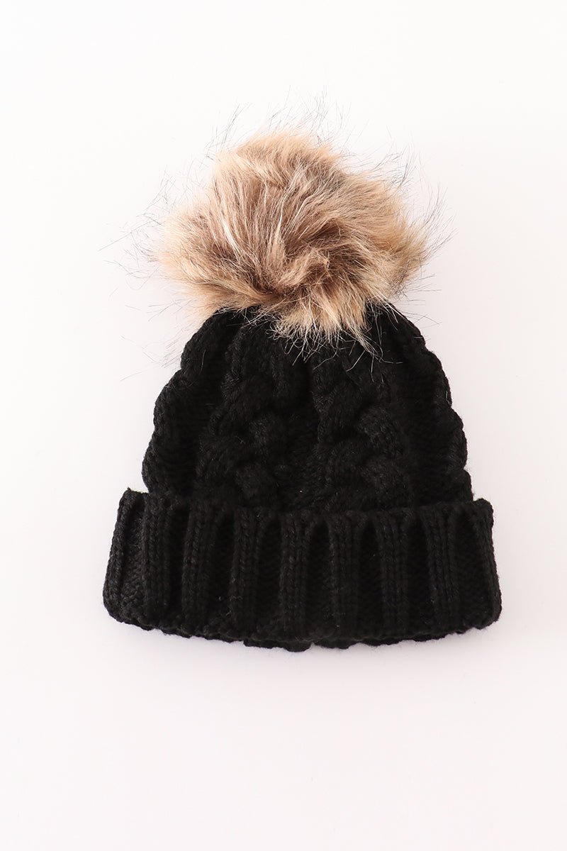 Black Cable Knit Beanies with Faux Fur Pom – Cozy and Chic for All Ages - Blue Marc