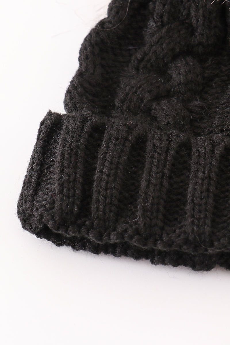 Black Cable Knit Beanies with Faux Fur Pom – Cozy and Chic for All Ages - Blue Marc