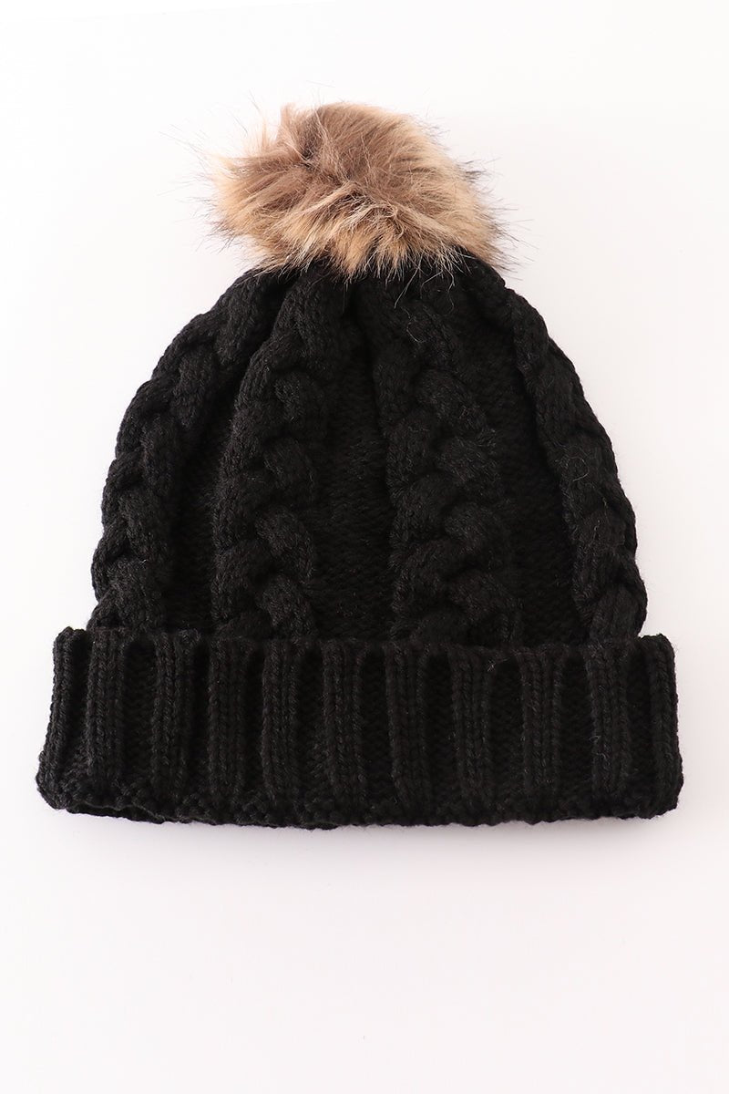 Black Cable Knit Beanies with Faux Fur Pom – Cozy and Chic for All Ages - Blue Marc