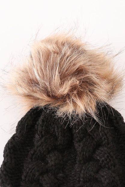 Black Cable Knit Beanies with Faux Fur Pom – Cozy and Chic for All Ages - Blue Marc