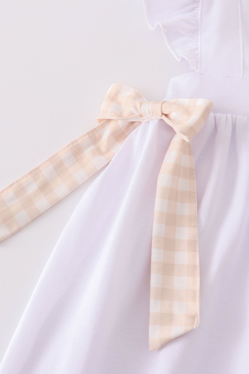 Blessed Moments Girls Christening Dress – White Ruffle Dress with Embroidered Cross & Gingham Bows - Blue Marc