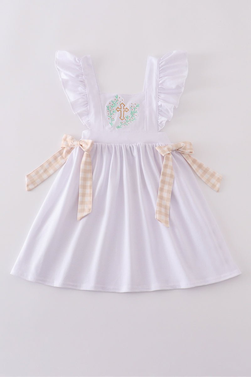Blessed Moments Girls Christening Dress – White Ruffle Dress with Embroidered Cross & Gingham Bows - Blue Marc