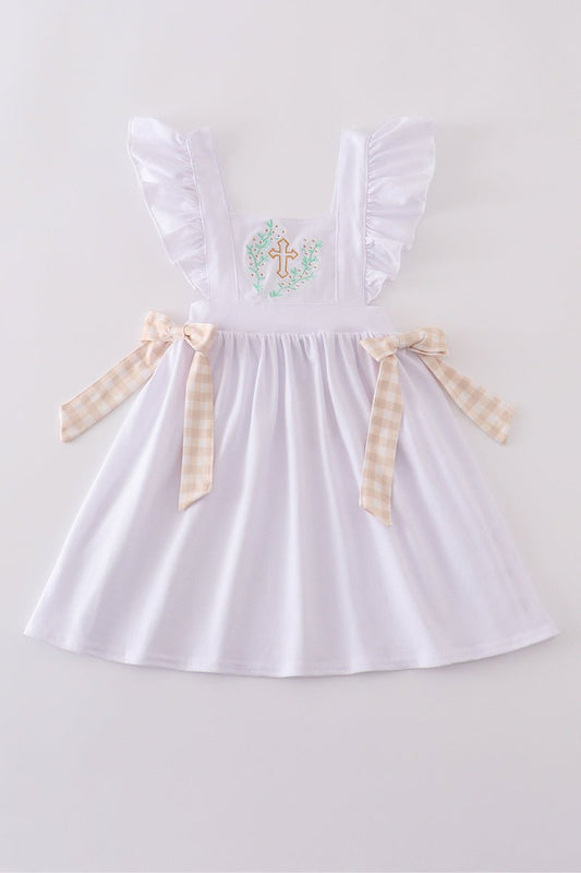 Blessed Moments Girls Christening Dress – White Ruffle Dress with Embroidered Cross & Gingham Bows - Blue Marc