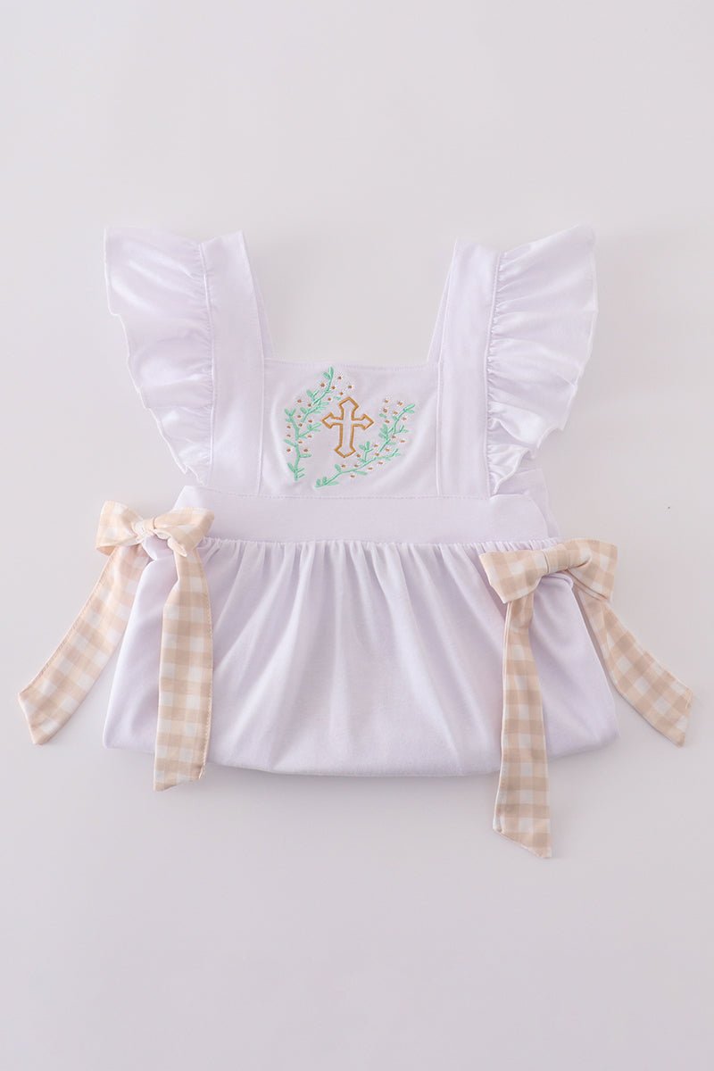 Blessed Moments Girls Christening Dress – White Ruffle Dress with Embroidered Cross & Gingham Bows - Blue Marc
