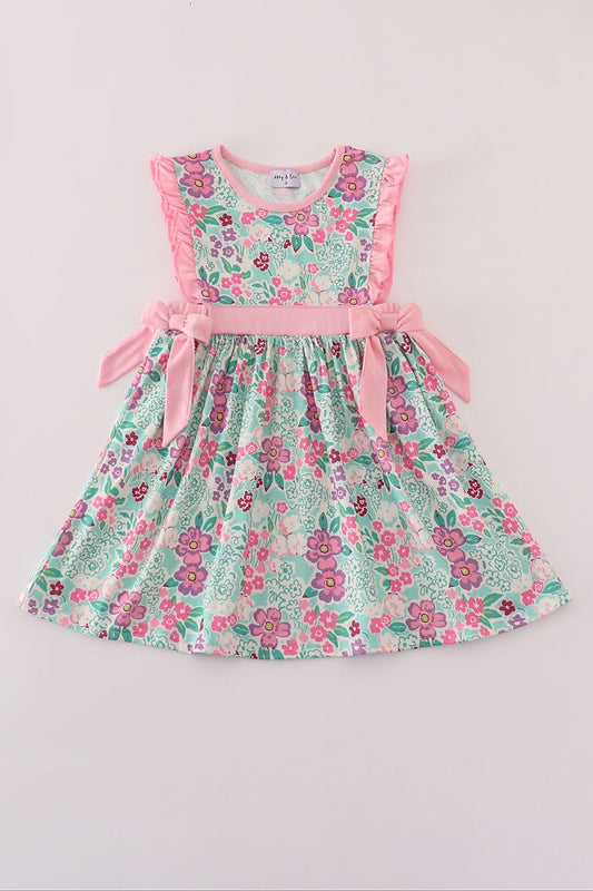 Blossom Belle Floral Ruffle Dress for Girls – Pretty in Pink with Side Bows - Blue Marc