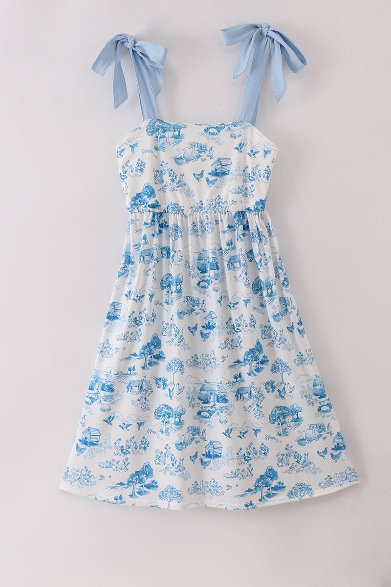 Blue Farm Women’s Dress – Elegant Tie - Shoulder Sundress for Moms - Blue Marc