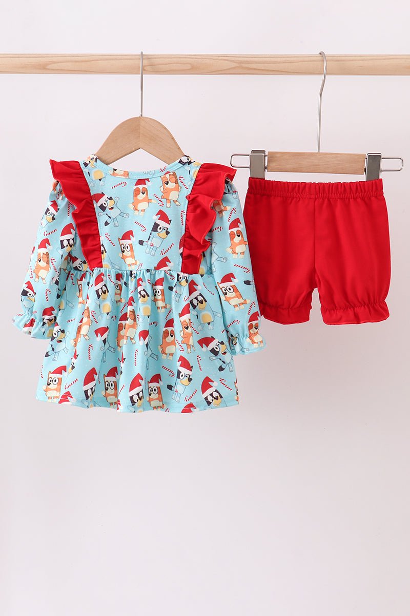 Bluey Baby Girl Christmas Outfit – Ruffle Top & Red Shorts - Blue Marc