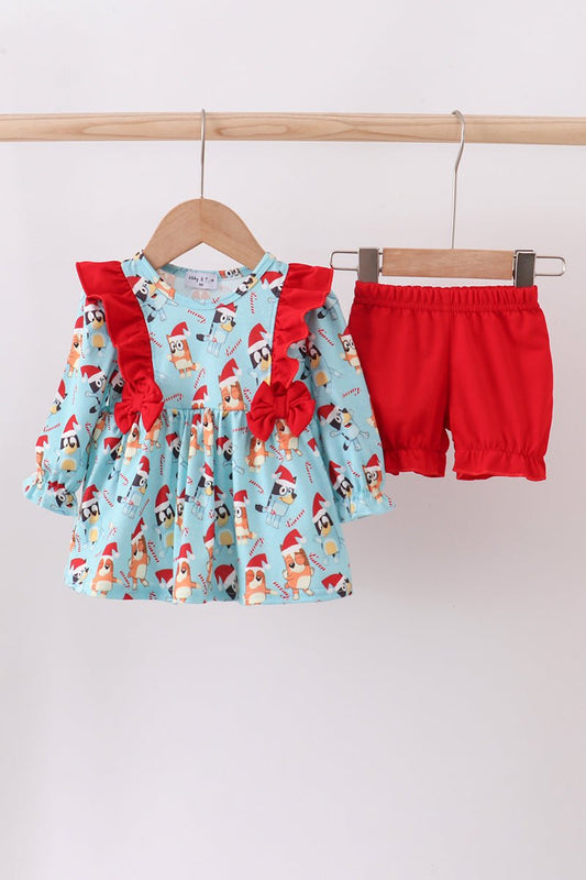 Bluey Baby Girl Christmas Outfit – Ruffle Top & Red Shorts - Blue Marc